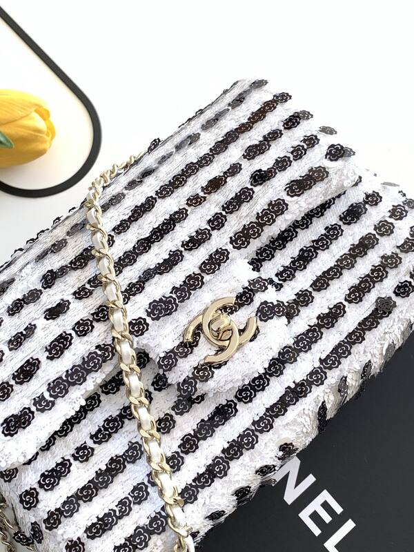 Chanel Classic Flap Black and White sequins shoulder — AAA Quality Replica