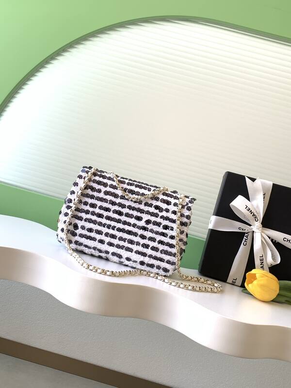 Chanel Classic Flap Black and White sequins shoulder — AAA Quality Replica