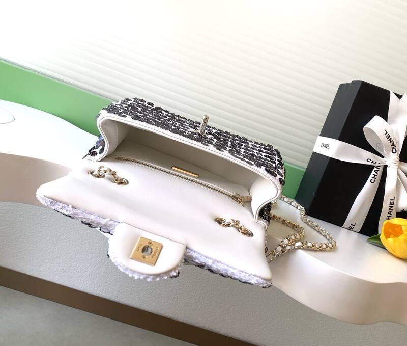Chanel Classic Flap Black and White sequins shoulder — AAA Quality Replica