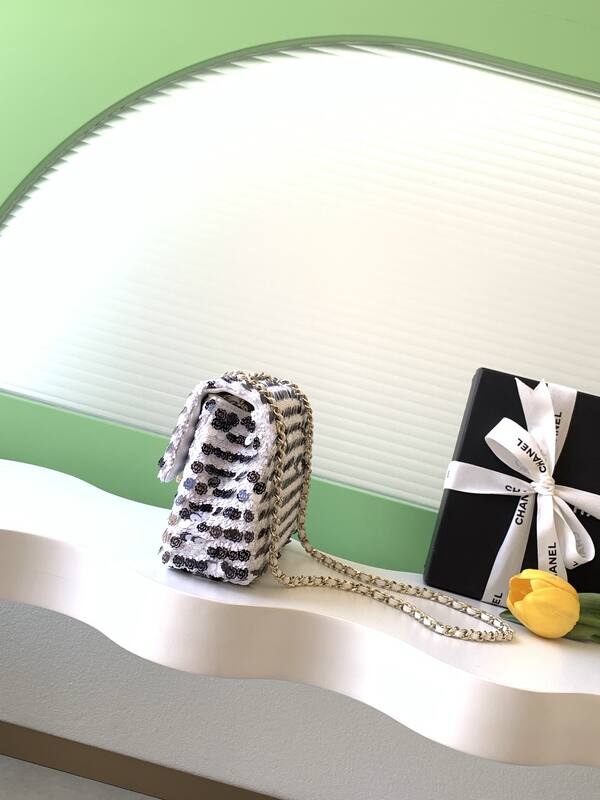 Chanel Classic Flap Black and White sequins shoulder — AAA Quality Replica