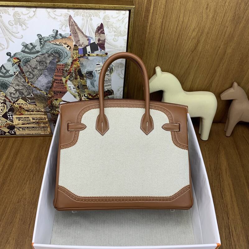 Hermes Birkin Natural canvas and brown leather work — Top Quality Replica