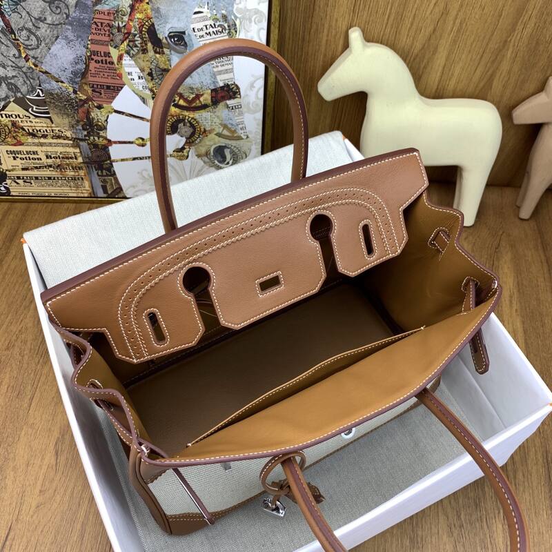 Hermes Birkin Natural canvas and brown leather work — Top Quality Replica