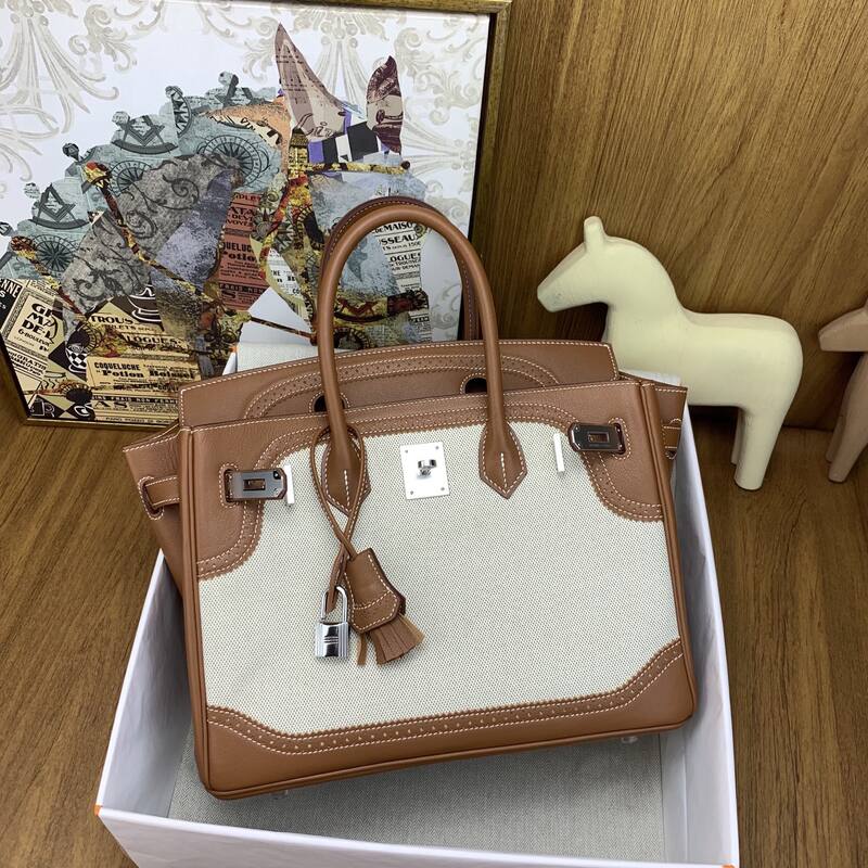 Hermes Birkin Natural canvas and brown leather work — Top Quality Replica