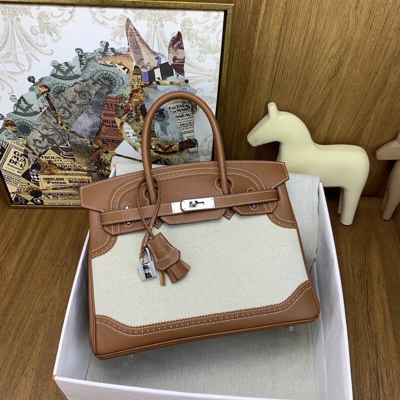Hermes Birkin Natural canvas and brown leather work — Top Quality Replica