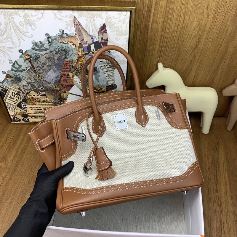 Hermes Birkin Natural canvas and brown leather work — Top Quality Replica