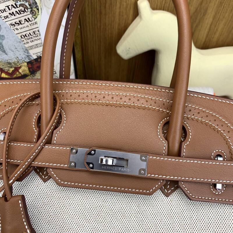 Hermes Birkin Natural canvas and brown leather work — Top Quality Replica