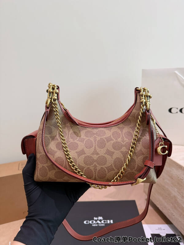 Coach Pocket Juliet Signature Canvas Tan with Rust Leather Trim crossbody bag — Top Quality Replica