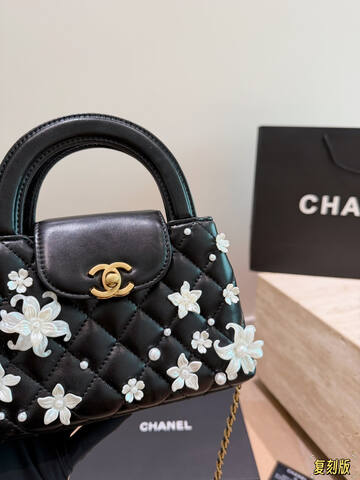 Chanel Kelly Black quilted leather with pearl floral embellishment top handle Premium Replica
