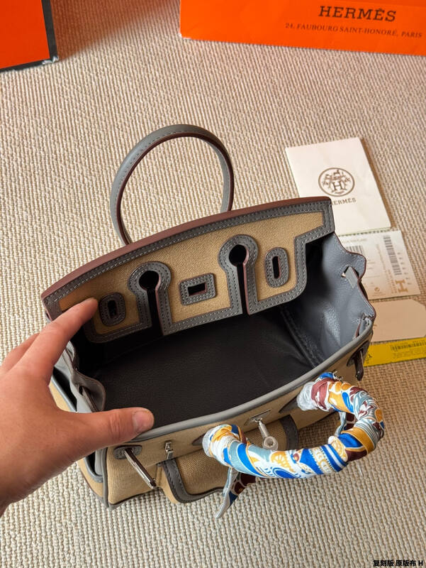 Hermes Birkin Cargo Beige canvas with gray leather 25 handbag — AAA Quality Replica