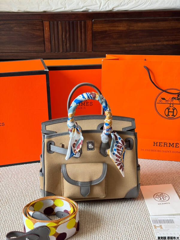 Hermes Birkin Cargo Beige canvas with gray leather 25 handbag — AAA Quality Replica