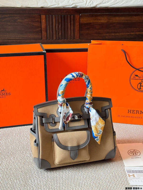 Hermes Birkin Cargo Beige canvas with gray leather 25 handbag — AAA Quality Replica