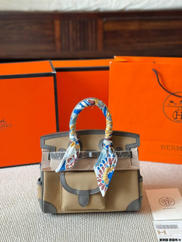 Hermes Birkin Cargo Beige canvas with gray leather 25 handbag AAA Quality Replica