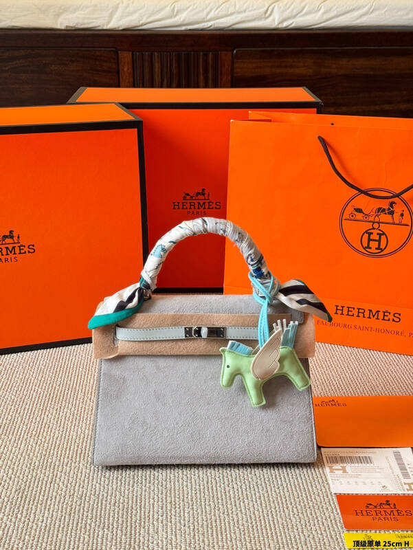 Hermes Kelly 25 Suede Pink Orange top handle — Premium Replica