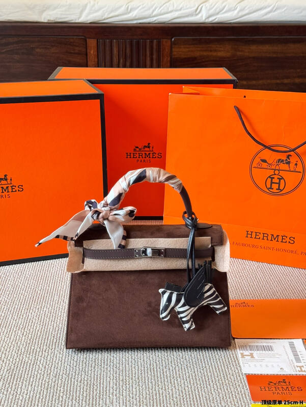 Hermes Kelly 25 Suede Pink Orange top handle — Premium Replica