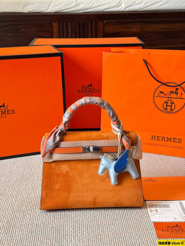 Hermes Kelly 25 Suede Pink Orange top handle — Premium Replica
