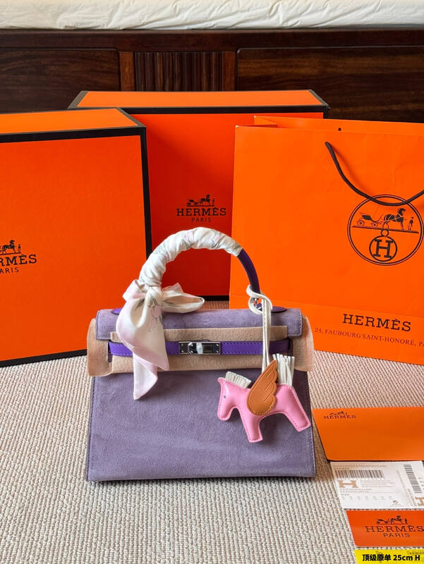 Hermes Kelly 25 Suede Pink Orange top handle — Premium Replica