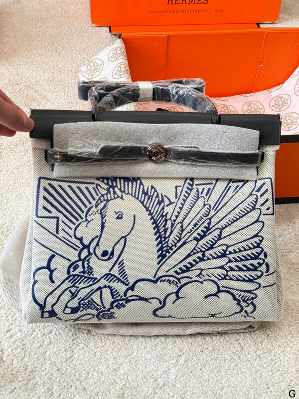 Hermes Herbag Ecru canvas with blue print and black leather everyday — AAA Quality Replica