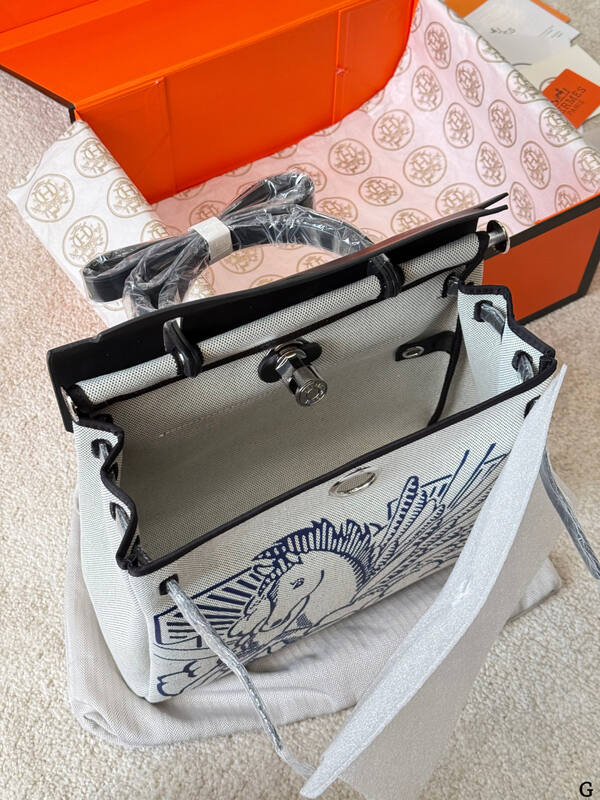 Hermes Herbag Ecru canvas with blue print and black leather everyday — AAA Quality Replica