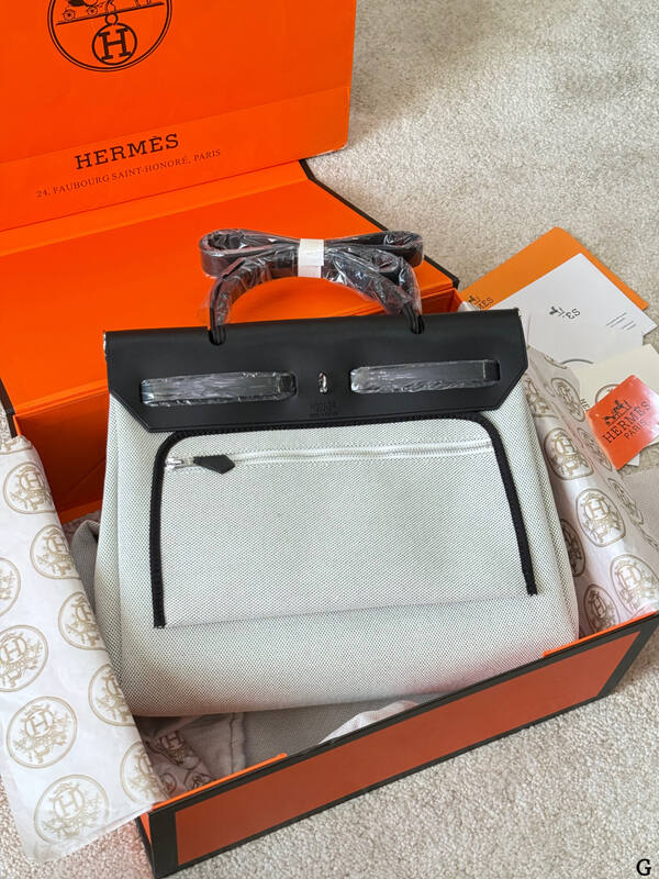 Hermes Herbag Ecru canvas with blue print and black leather everyday — AAA Quality Replica