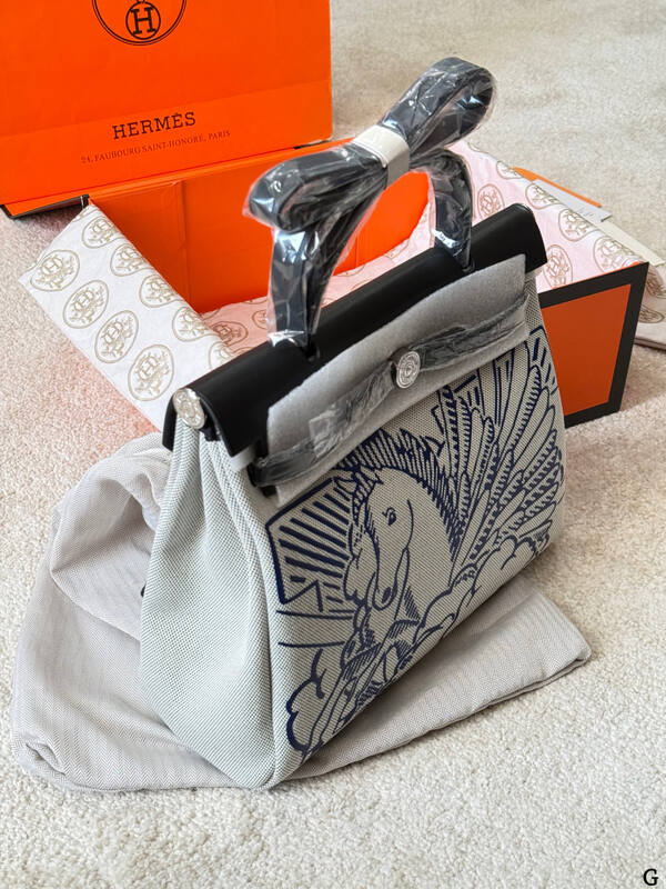 Hermes Herbag Ecru canvas with blue print and black leather everyday — AAA Quality Replica