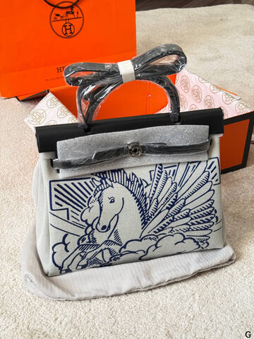 Hermes Herbag Ecru canvas with blue print and black leather everyday AAA Quality Replica