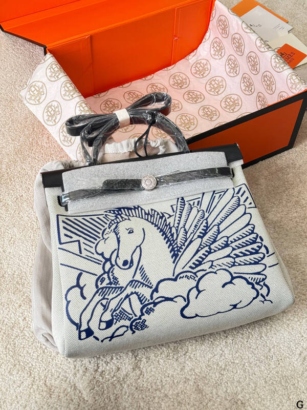 Hermes Herbag Ecru canvas with blue print and black leather everyday — AAA Quality Replica