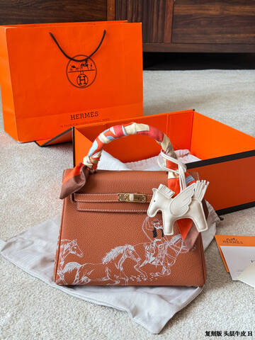 Hermes Kelly Brown leather with white horse print shoulder Premium Replica
