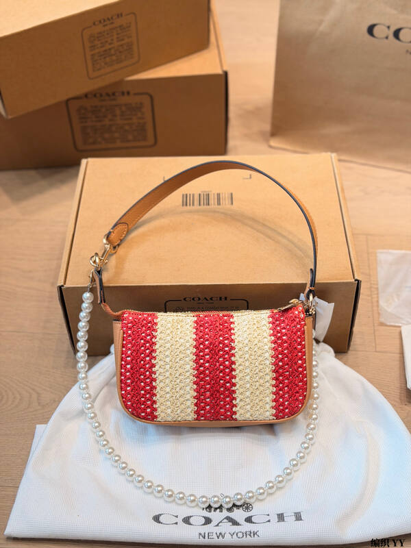Coach Nolita 19 Red beige striped woven with tan leather trim shoulder bag — Top Quality Replica