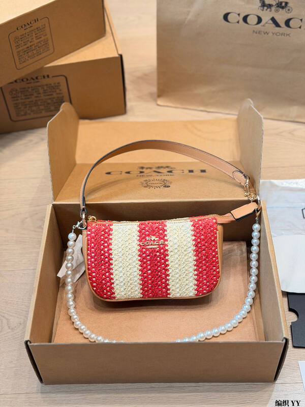 Coach Nolita 19 Red beige striped woven with tan leather trim shoulder bag — Top Quality Replica