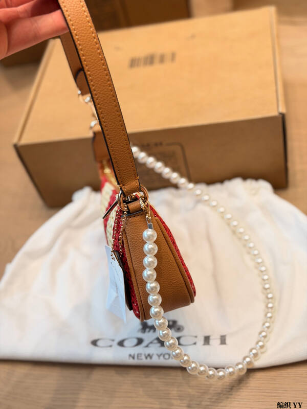 Coach Nolita 19 Red beige striped woven with tan leather trim shoulder bag — Top Quality Replica