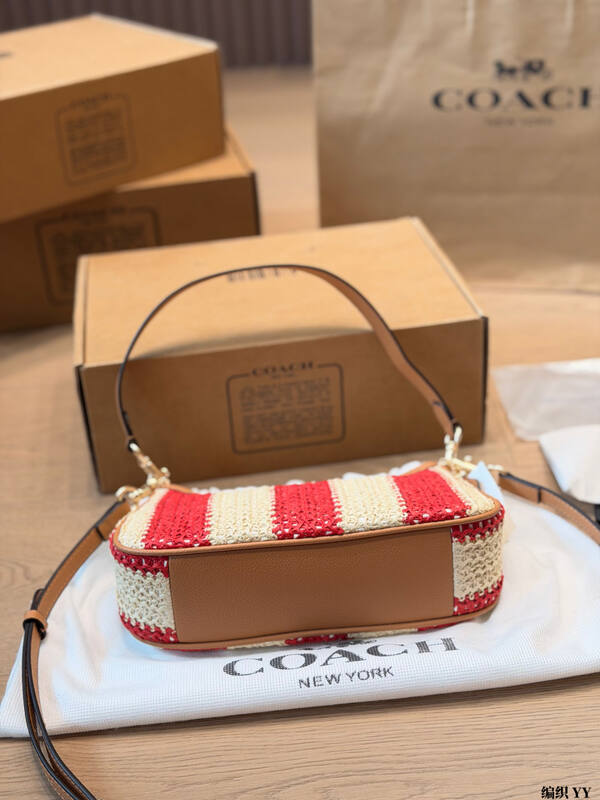 Coach Red beige striped straw with tan leather trim crossbody bag — Premium Replica