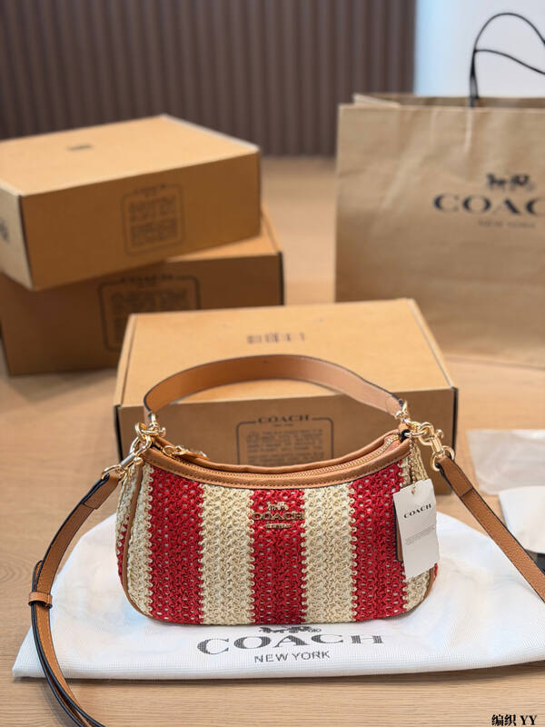 Coach Red beige striped straw with tan leather trim crossbody bag — Premium Replica
