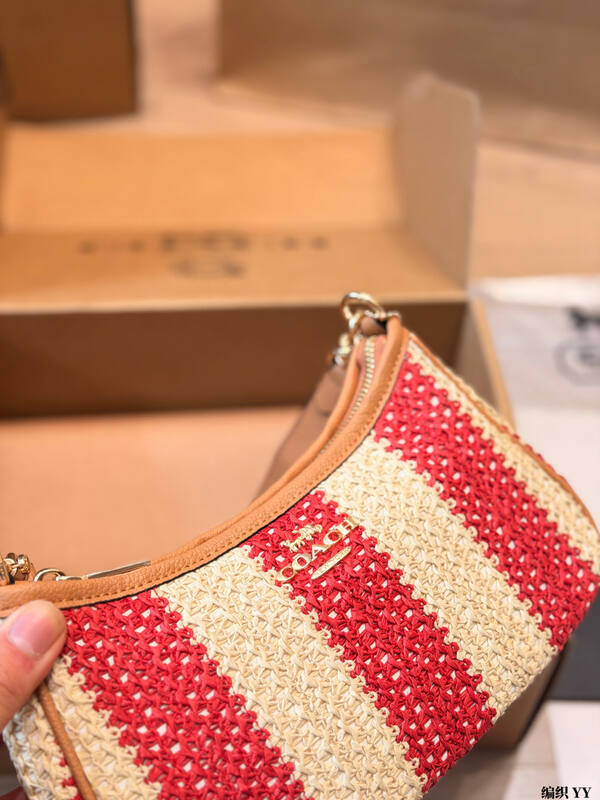 Coach Red beige striped straw with tan leather trim crossbody bag — Premium Replica