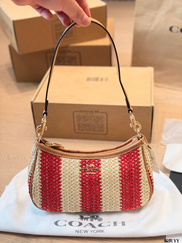 Coach Red beige striped straw with tan leather trim crossbody bag — Premium Replica