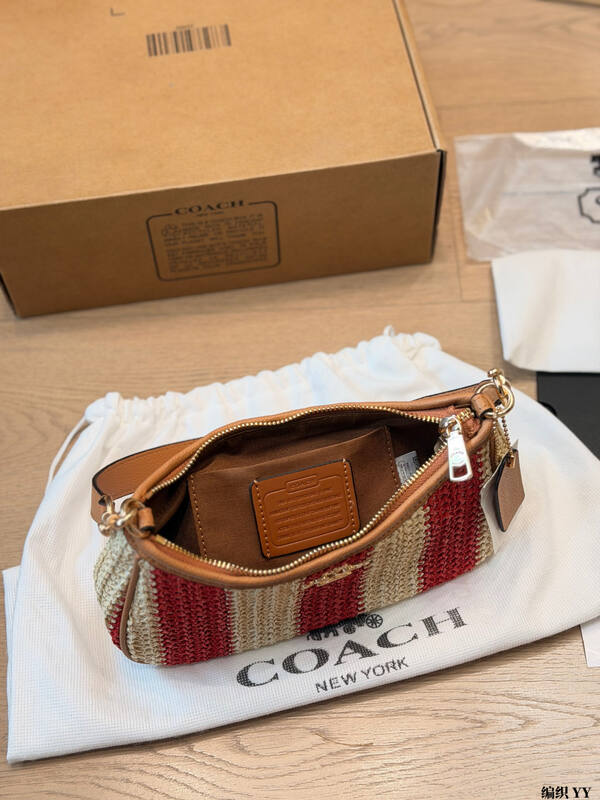 Coach Red beige striped straw with tan leather trim crossbody bag — Premium Replica