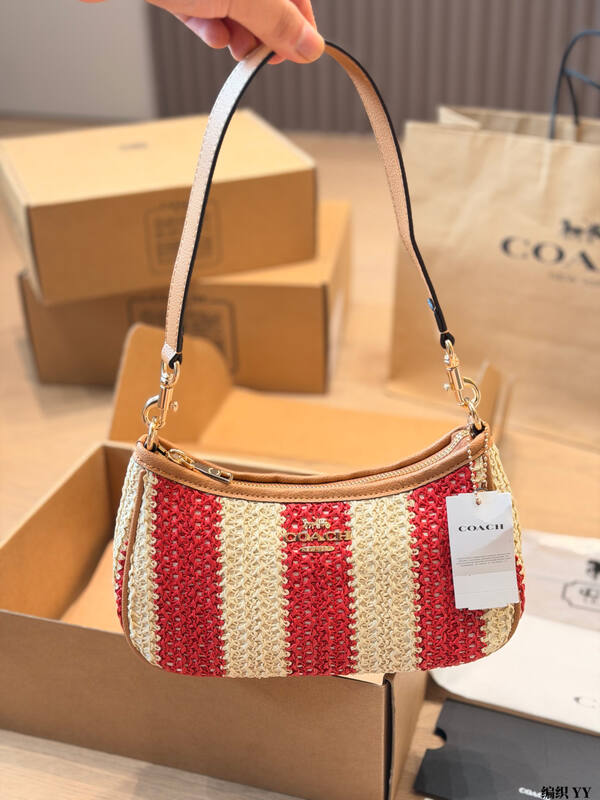 Coach Red beige striped straw with tan leather trim crossbody bag — Premium Replica