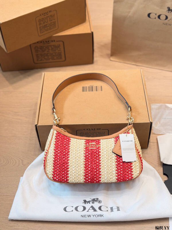 Coach Red beige striped straw with tan leather trim crossbody bag — Premium Replica