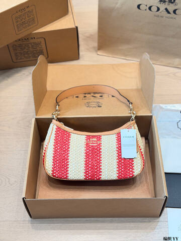Coach Red beige striped straw with tan leather trim 22x12cm crossbody bag Premium Replica