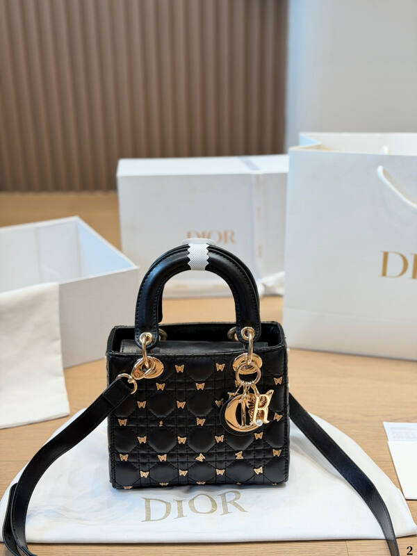 Dior Lady Black with gold butterfly embroidery small shoulder — AAA Quality Replica
