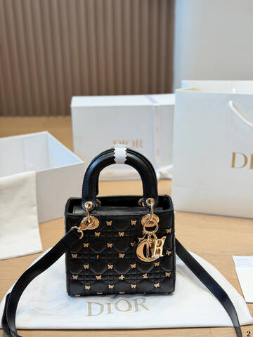Dior Lady Black with gold butterfly embroidery small shoulder AAA Quality Replica