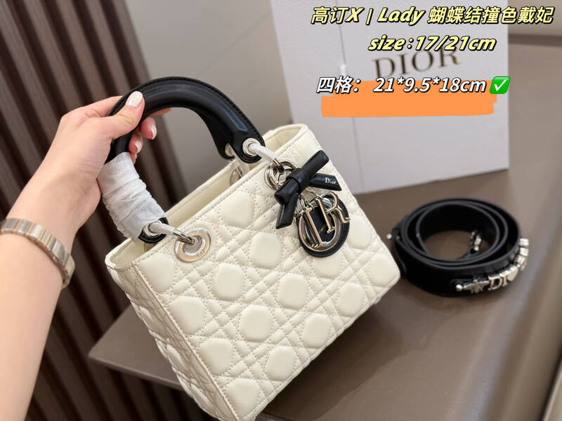 Dior Lady Cream quilted leather with black handles 17 crossbody — 1:1 Replica