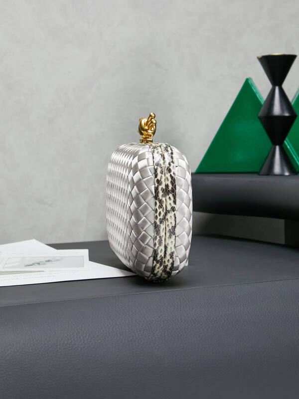 Bottega Veneta Knot Silver Intreccio Satin with Python Trim clutch — Premium Replica