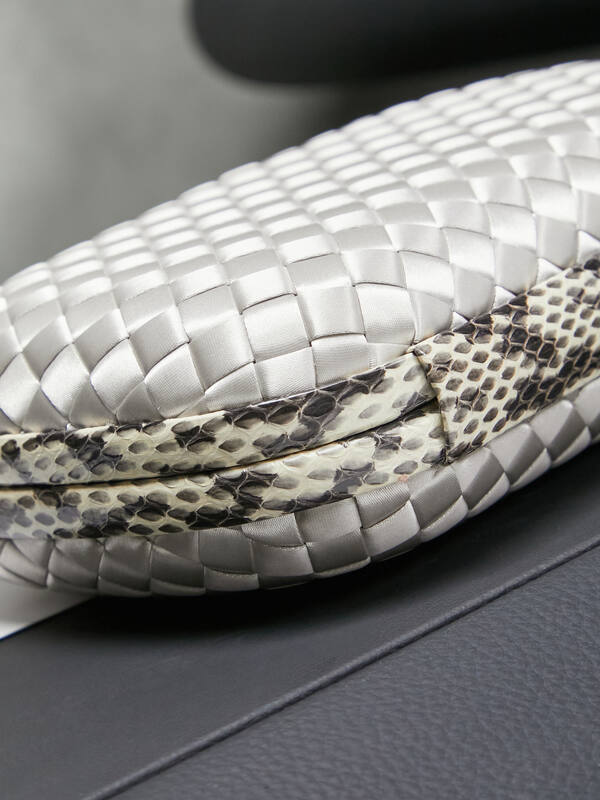 Bottega Veneta Knot Silver Intreccio Satin with Python Trim clutch — Premium Replica