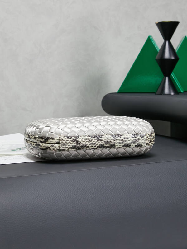Bottega Veneta Knot Silver Intreccio Satin with Python Trim clutch — Premium Replica