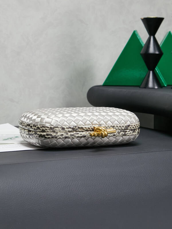 Bottega Veneta Knot Silver Intreccio Satin with Python Trim clutch — Premium Replica