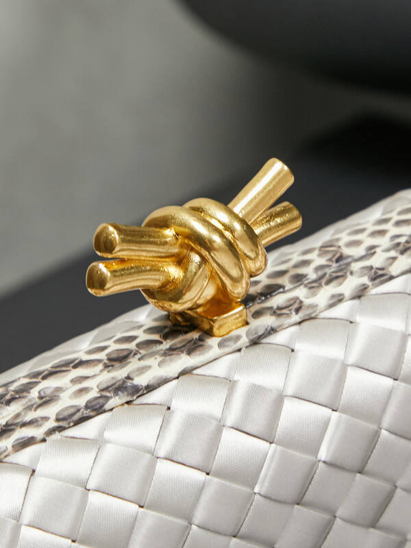 Bottega Veneta Knot Silver Intreccio Satin with Python Trim clutch — Premium Replica