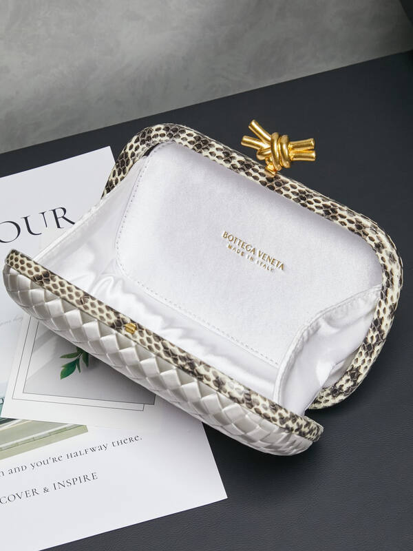 Bottega Veneta Knot Silver Intreccio Satin with Python Trim clutch — Premium Replica