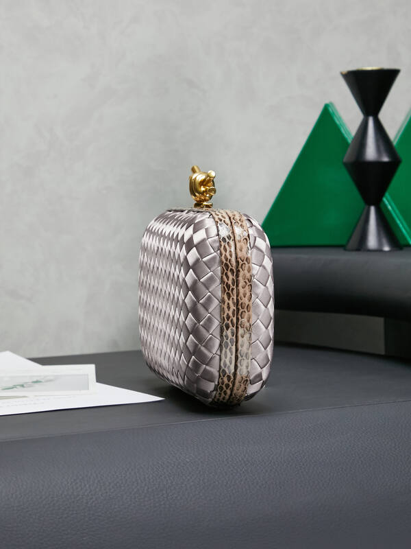 Bottega Veneta Silver Intrecciato satin with snakeskin trim clutch — Top Quality Replica