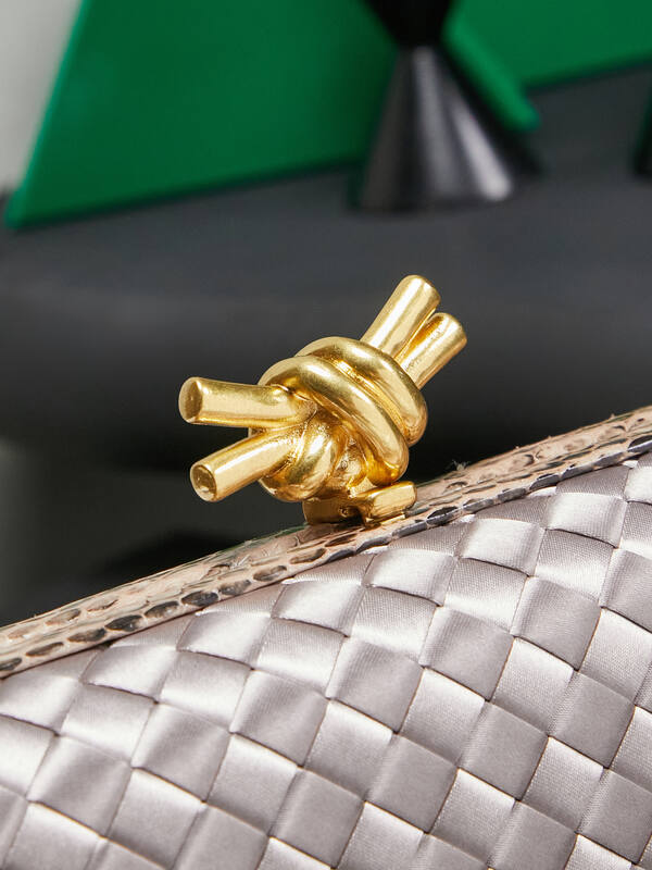 Bottega Veneta Silver Intrecciato satin with snakeskin trim clutch — Top Quality Replica