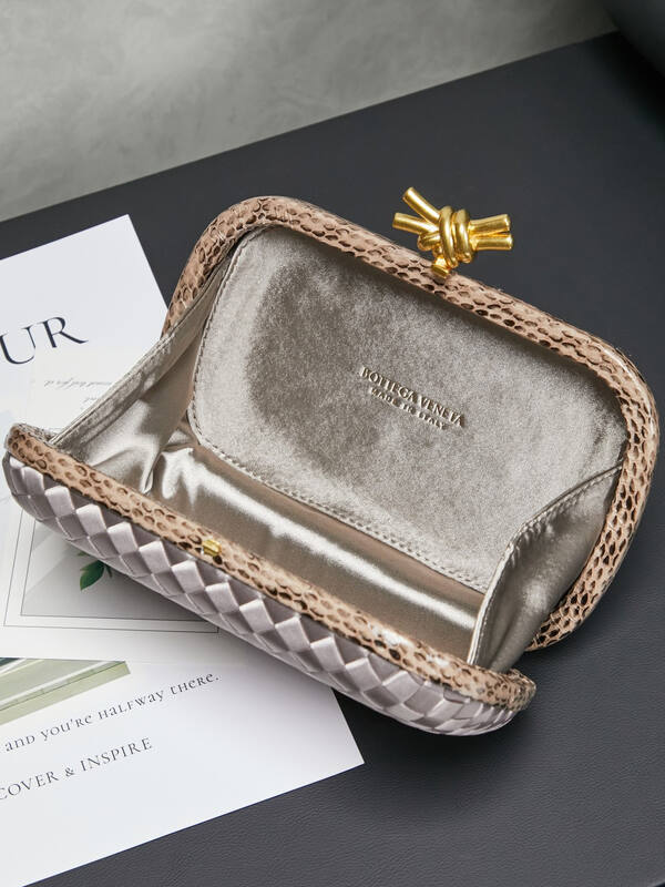 Bottega Veneta Silver Intrecciato satin with snakeskin trim clutch — Top Quality Replica